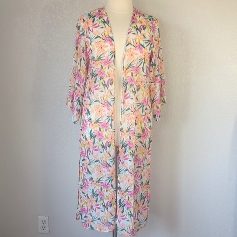Jessica Simpson Large Slitted Sheer Open Front Kimono 3/4 Sleeve - Picture 2 of 7